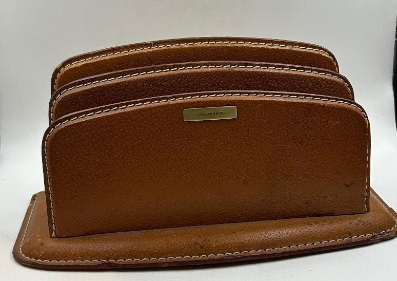 Hermes Paris Art Deco Leather Paper Holder H: 5" W: 11" D: 5" France: We have an in-house shipping department to ensure your post-purchase processing is as easy as possible. We encourage you to call us 561-2129413 or contact carstensgalleries@yahoo.com if you have any