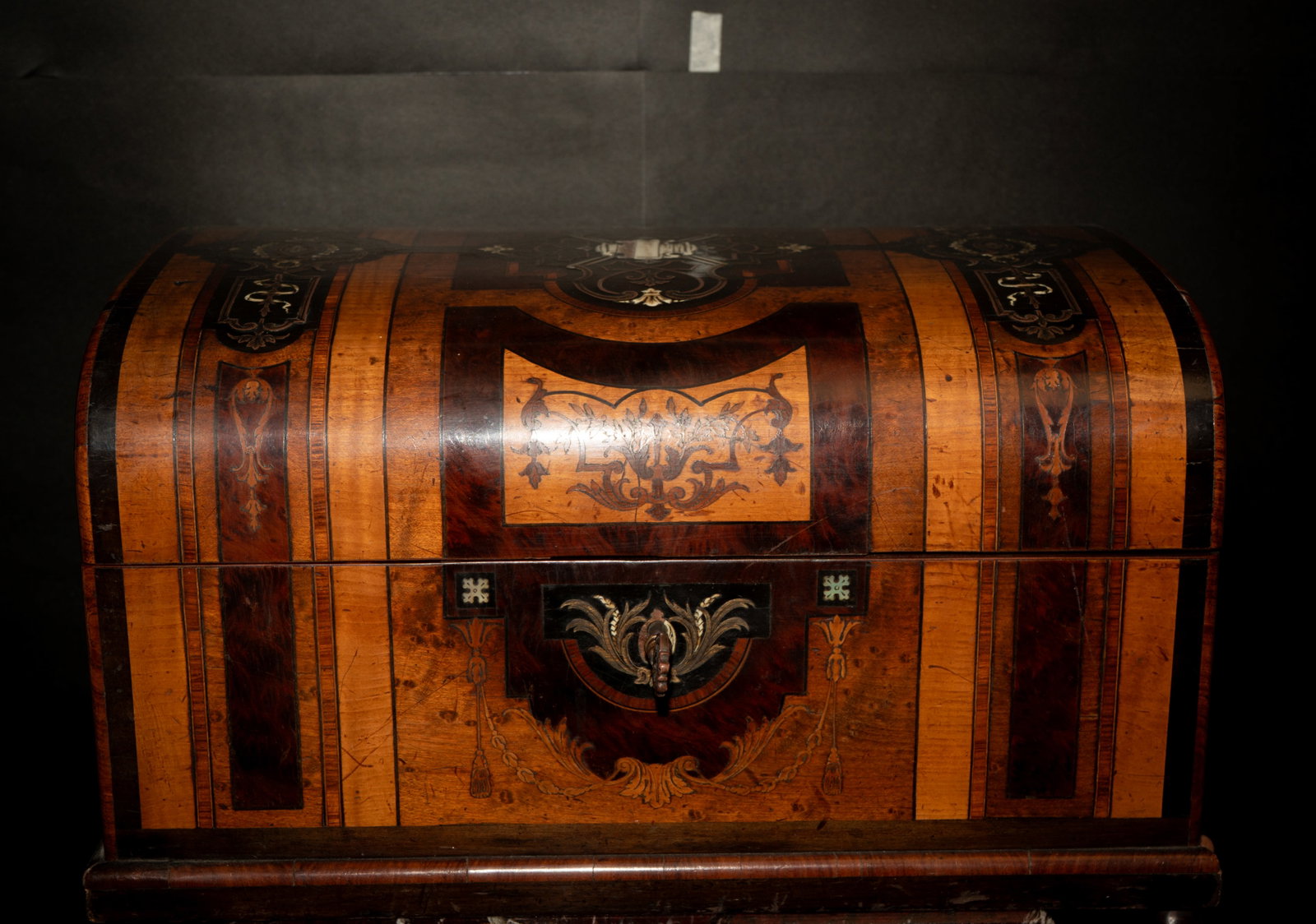 Antique Inlaid Marqueterie Box H: 8" W: 13" D: 10" w/ Original Key: Shipping in - House available