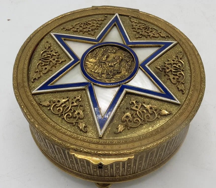 Bronze, Mother of Pearl Enamel Box H: 2.5" Diam: 6" France