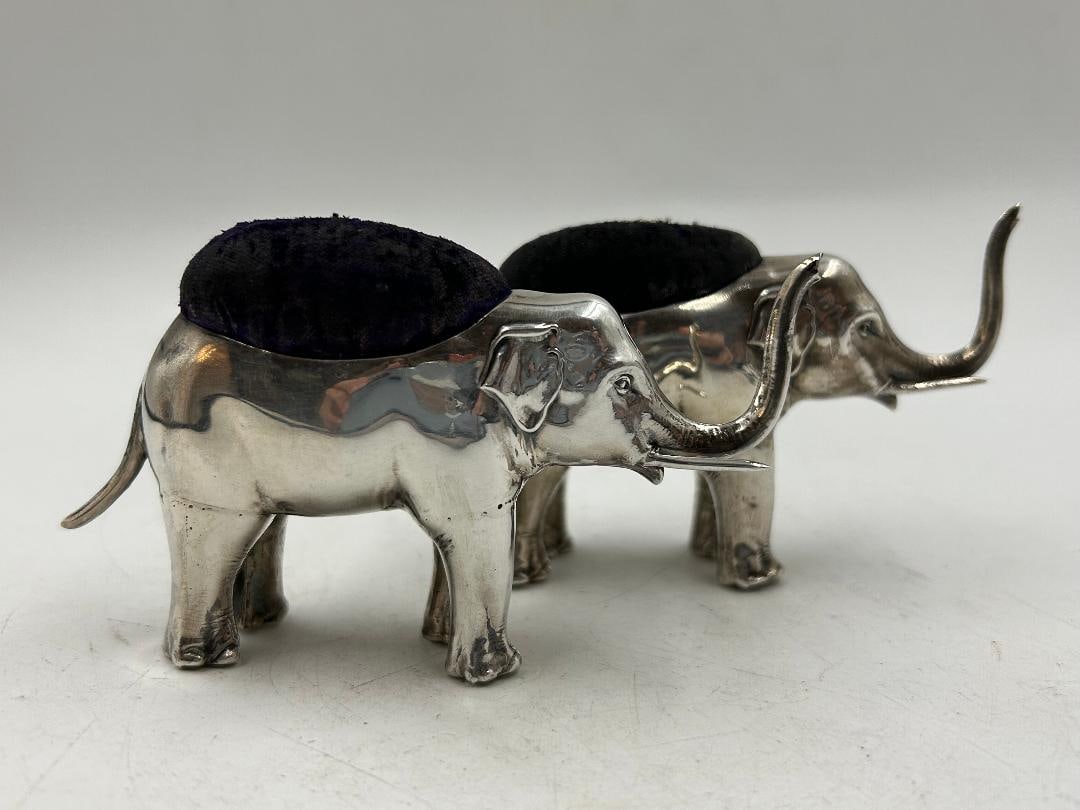 Pair of Sterling Silver Pincushion Figures of Elephants 2" x 3" England
