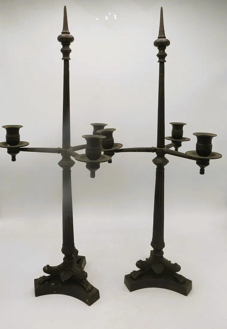 Pair of Bronze Gothic Style Candelabras of 3 Arms H: 22" D: 10" (1 of 3)