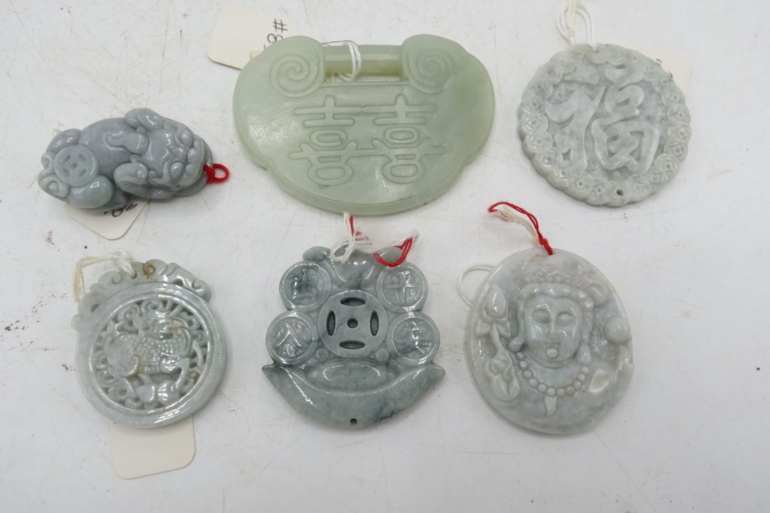 Set of 6 Antique Chinese Jadeite Pendants. Large 3.5" x 2.5"