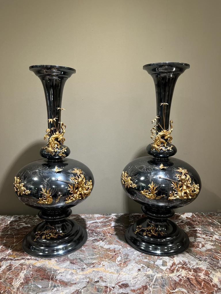 Magnificent Pair of Nielo Metal Urns w/ Gilt Bronze Garlands & Cherubs H 25" D: 12"