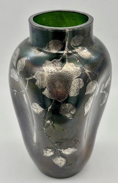 Glass and Silver Inlaid Austrian Vase H: 5": Shipping in - House available