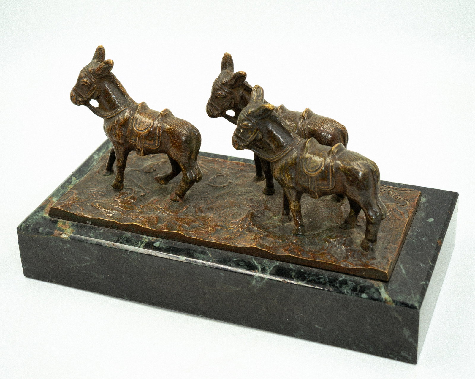 Antique Signed Bronze Figure of Donkeys w/ Marble Base H: 4" W: 4" D: 4"
