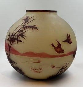 Muller Freres Art Cameo Glass Vase H: 8.2" D: 8" France: Shipping in - House available. Muller Freres were French glassmakers located in Luneville, France. They were renowned for producing art nouveau glassworks such as vases and lampshades.The Muller