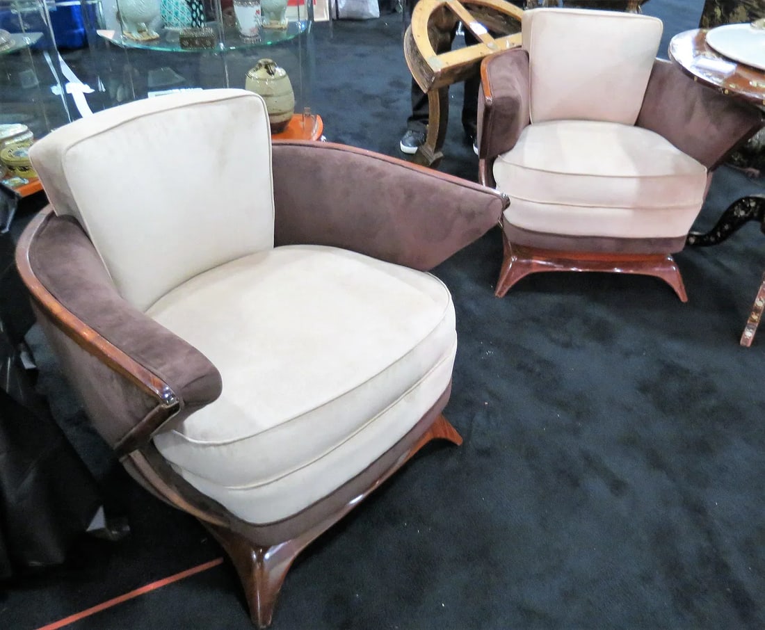 Pair of Art Deco Lounge/ Arm Chairs H: 29" W: 32" D: 31": We have an in-house shipping department to ensure your post-purchase processing is as easy as possible. We encourage you to call us 561-2129413 or contact carstensgalleries@yahoo.com if you have any f