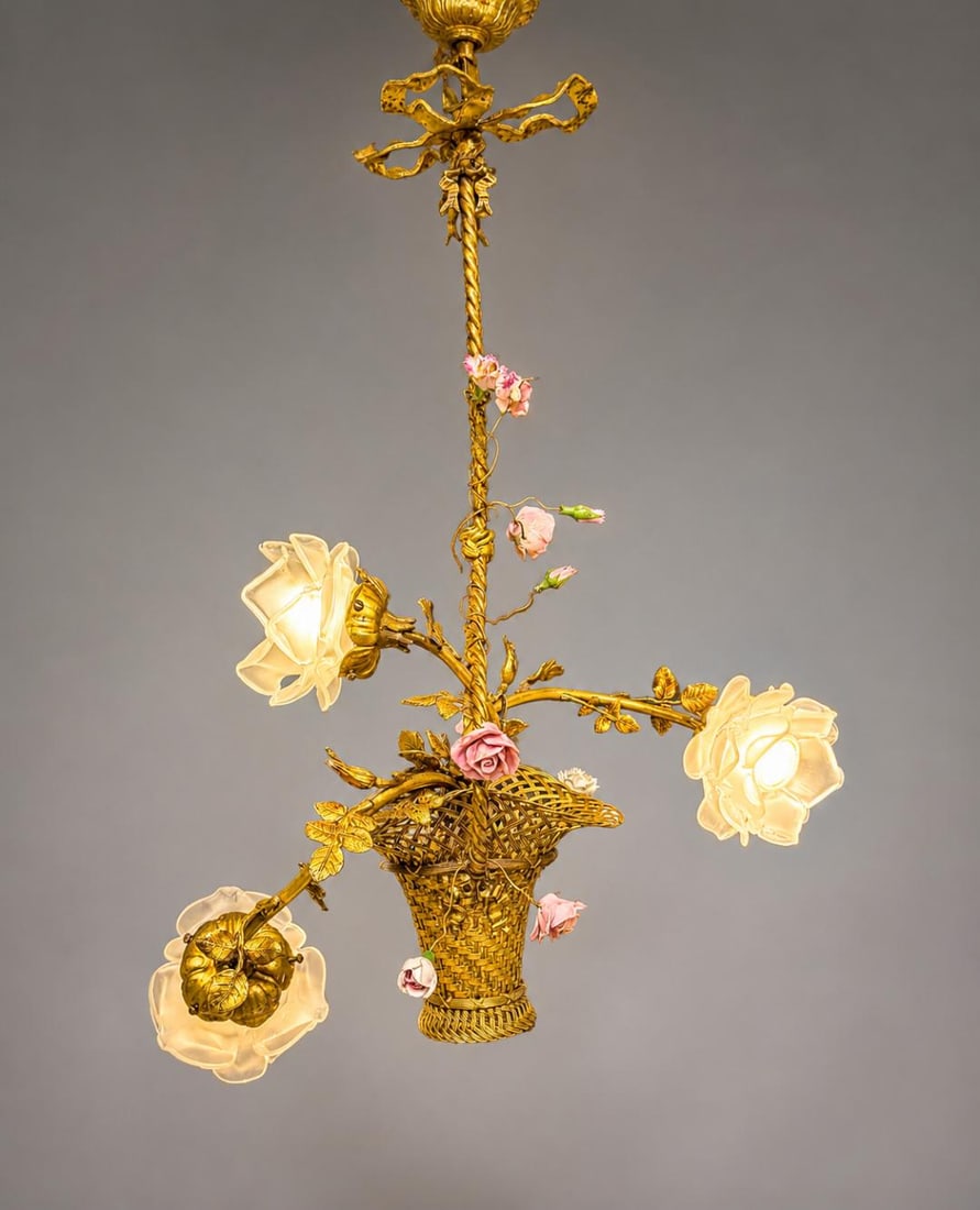 Antique Gilt Bronze Basket Chandelier H: 23" Diam: 18" France: We have an in-house shipping department to ensure your post-purchase processing is as easy as possible. We encourage you to call us 561-2129413 or contact carstensgalleries@yahoo.com if you have any f
