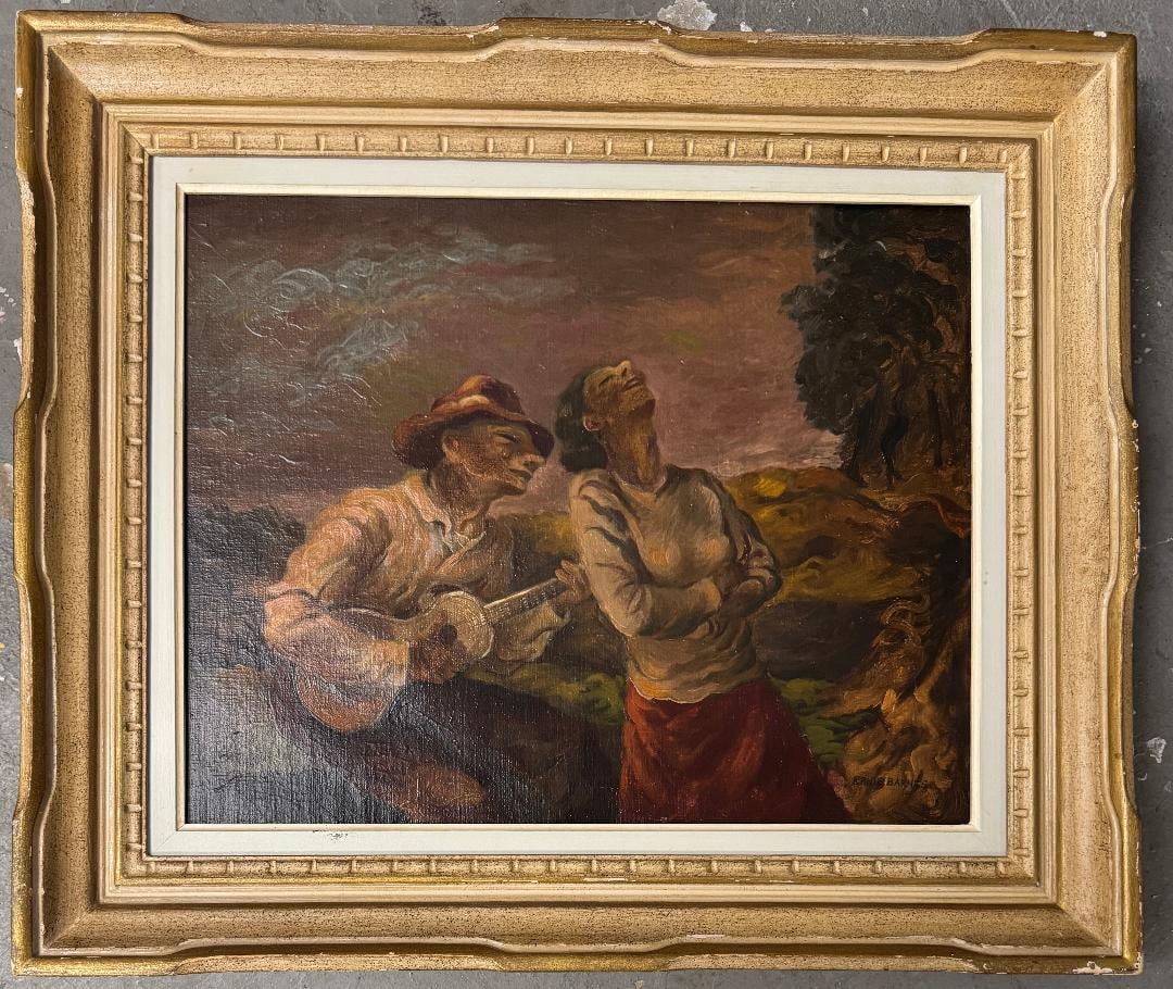Ernest Eugene Barnes Jr. (Attributed) Oil on Canvas "The Rural Serenade": Shipping in - House available. Art: 16" x 20" Frame: 22" x 26" No COA - Ernest Eugene Barnes Jr. (July 15, 1938 ? April 27, 2009) was an American artist, well known for his unique style of elongated c