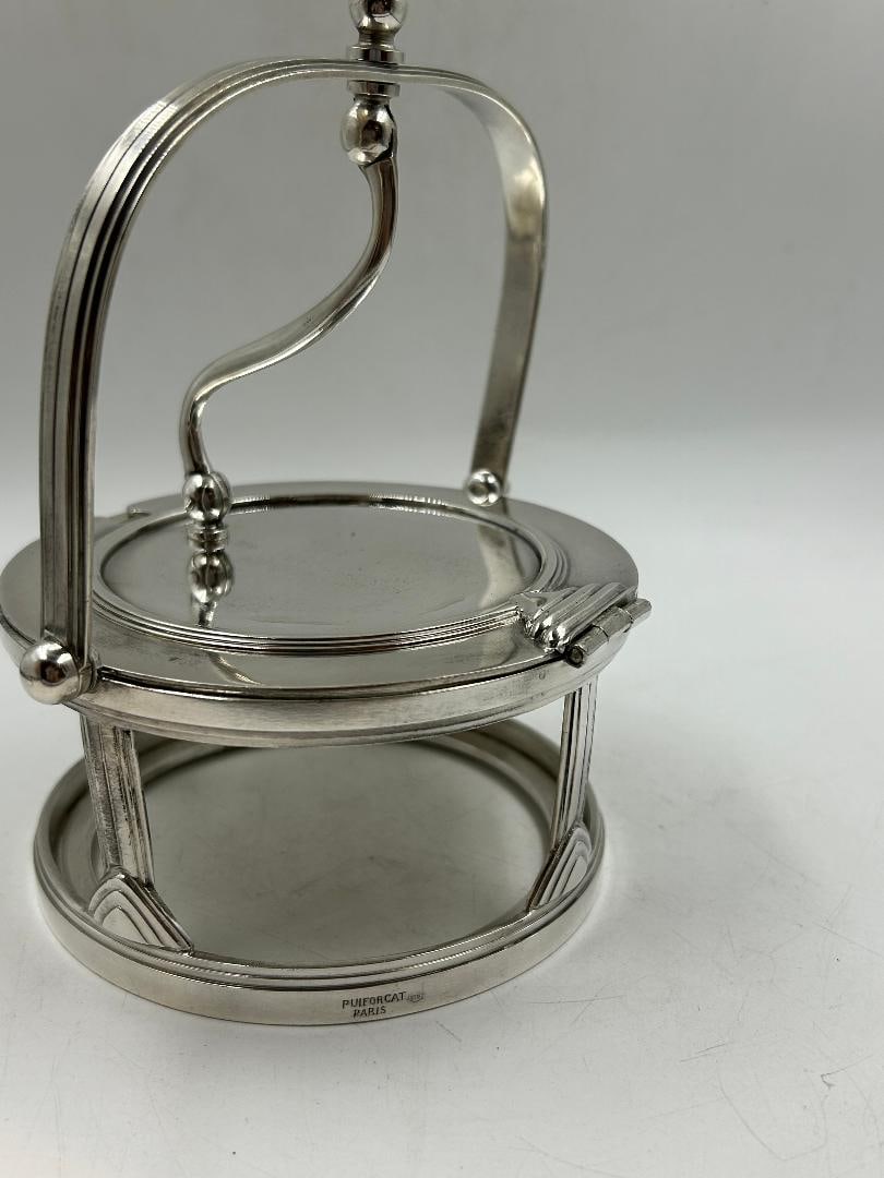 Jean Puiforcat Art Deco Silverplated Candy Box H: 6.5" Diam: 5" France: Shipping in - House available. Jean E. Puiforcat was a French silversmith, sculptor and designer. Miller's Antiques Encyclopedia calls Puiforcat the "Most important French Art Deco silversmith".