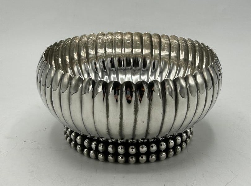 Jean Despres Art Deco Silverplated Centerpiece H: 6" Diam: 11" France: We have an in-house shipping department to ensure your post-purchase processing is as easy as possible. We encourage you to call us 561-2129413 or contact carstensgalleries@yahoo.com if you have any f