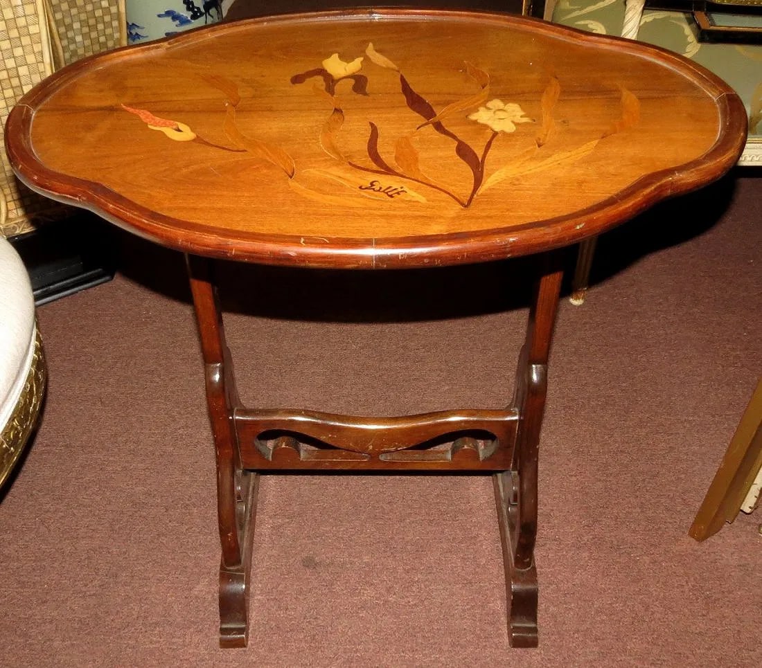 Galle Table Marqueterie Signed H:25" W:26" D:19" (1 of 3)