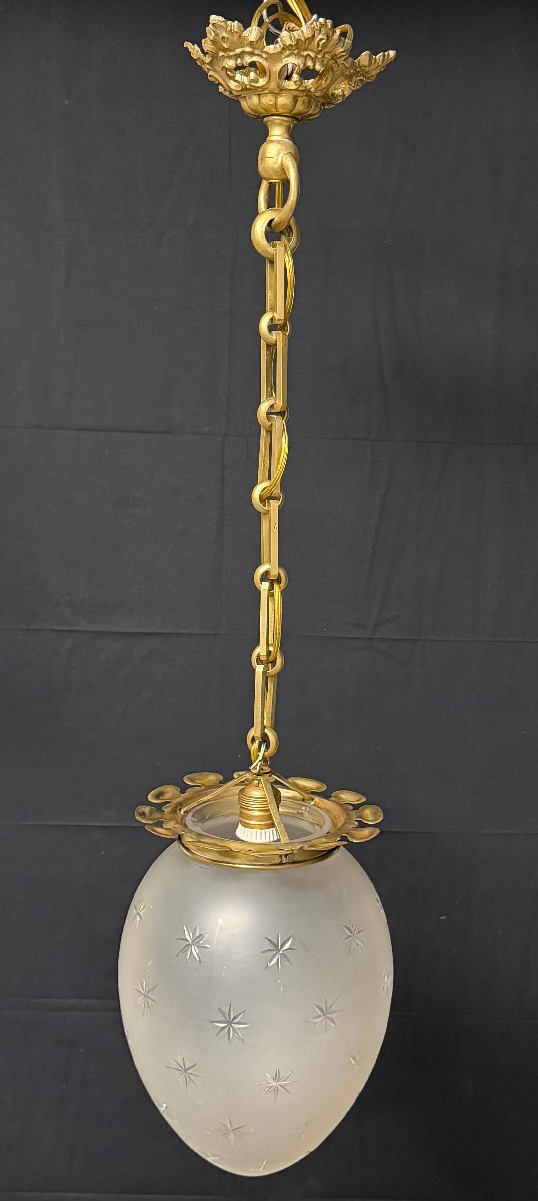Antique Gilt Bronze & Frosted Glass Egg Pendant Light Total H with Chain : 37" France: Shipping in - House available. Tulip 13" x 10"