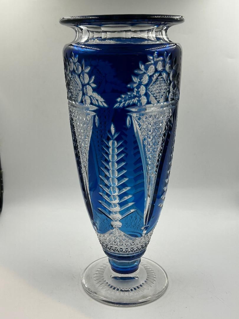 Val Saint Lambert Cut Crystal Blue Vase H: 12" Diam: 5" Belgium (1 of 5)