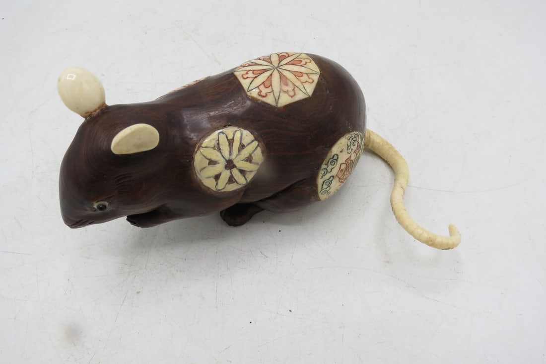Antique Hand Carved Mouse (Wood & Bone) SignedL: 7.3" (1 of 3)