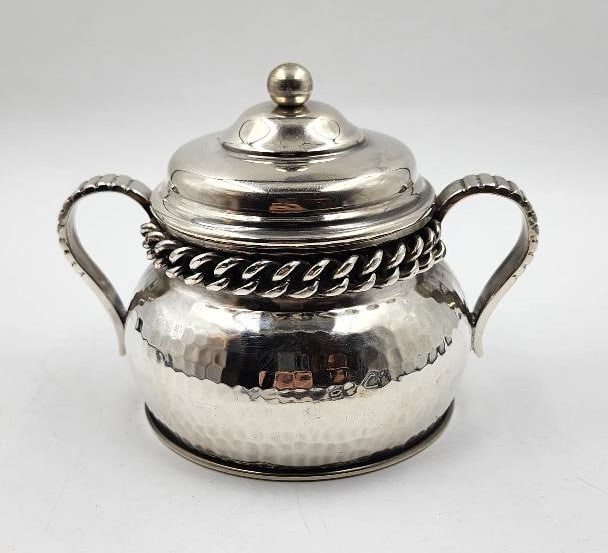 Jean Despres Art Deco Silverplate Sugar Bowl H: 4" W: 5" D: 3" France: Shipping in - House available. Jean Despres was a French jewelry maker and designer best known for his intricate Art Deco jewelry made from semi-precious stones, machine parts, and enamel. Despres' ae