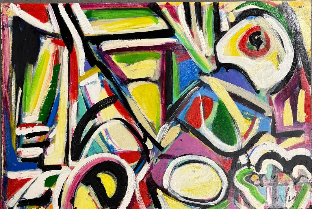 Bram Van Velde (Attributed) Oil on Paper Art: 15" x 22" Fr: 20" x 27": Shipping in - House available. No COA - Bram van Velde was a Dutch painter known for an intensely colored and geometric semi-representational painting style related to Tachisme, and Lyrical Abstractio