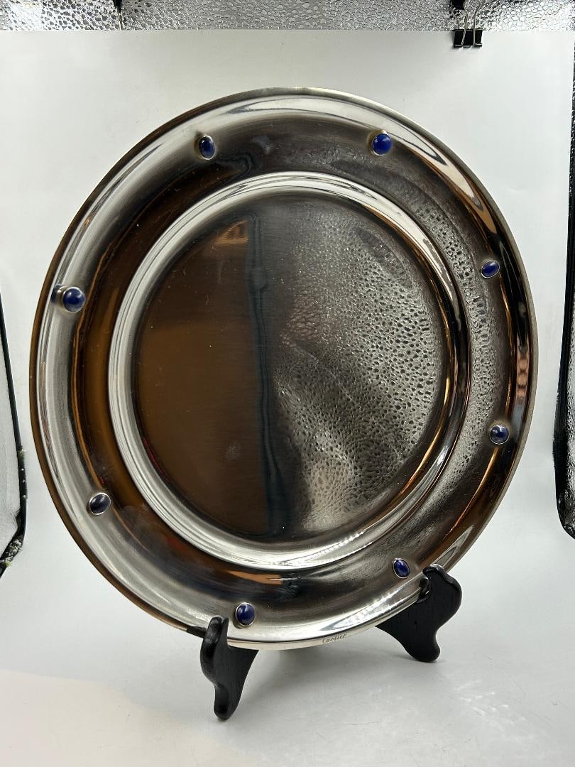 Cartier Art Deco Silverplated Plate w/ Stones Diam: 11" France: We have an in-house shipping department to ensure your post-purchase processing is as easy as possible. We encourage you to call us 561-2129413 or contact carstensgalleries@yahoo.com if you have any f