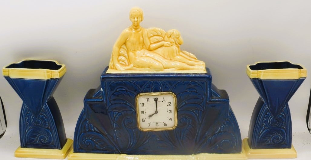 Art Deco Sarreguemines Majolica Garniture Clock Set France: Shipping in - House available. Clock 12" x 14" Vases 7.5" x 4"