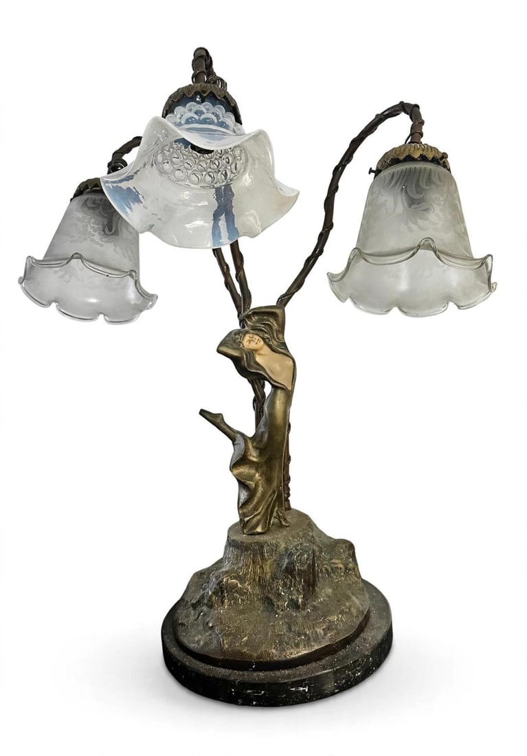 R. Rene Art Deco Bronze Figural Lamp w/ 3 Shades H: 25" W 14": We have an in-house shipping department to ensure your post-purchase processing is as easy as possible. We encourage you to call us 561-2129413 or contact carstensgalleries@yahoo.com if you have any