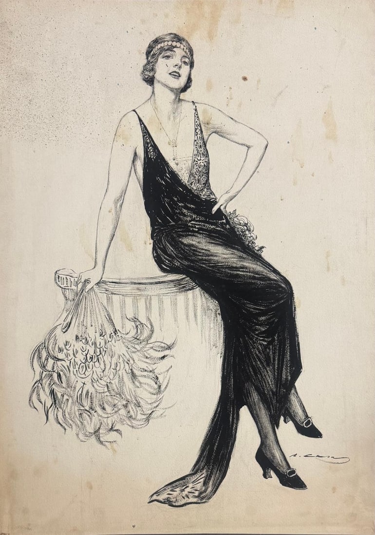Ramon Casas Carbo (Attributed) Ink on Paper Art: 27.5 x 21.6: Shipping in - House available No COA - Ramon Casas Carbo was a central figure of Catalan Modernisme, admired for his refined portraiture, expressive line work, and perceptive portrayals of social and 