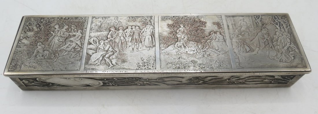 Engraved Silverplated Box 4 Seasons by Lancret - Louvre France: H: 1.2" W: 8" D: 2" Shipping in - House available