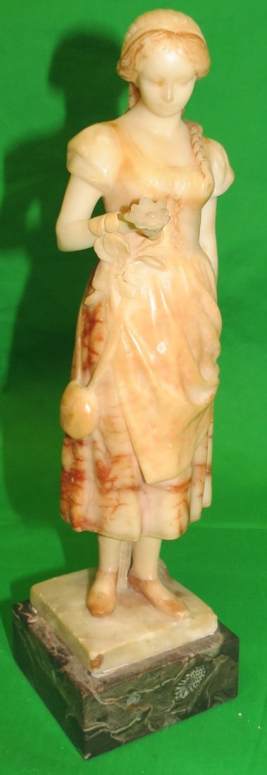 Alabaster Sculpture Lady with Flowers Signed HF: H: 11" .Est. Shipping = $ 38 to USA