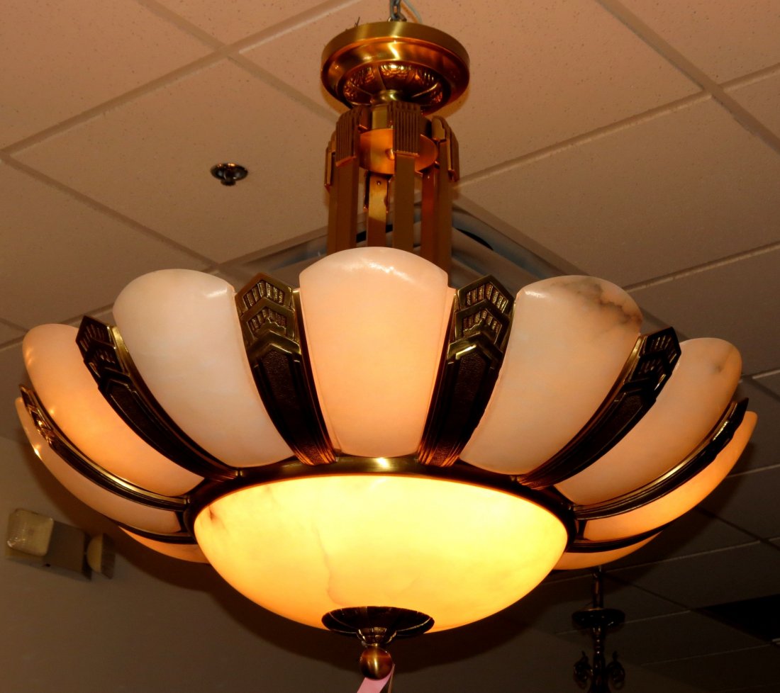 Art Deco Chandelier Bronze & Alabaster H: 32": Dia: 30" .Est. Shipping = $ 400 to USA