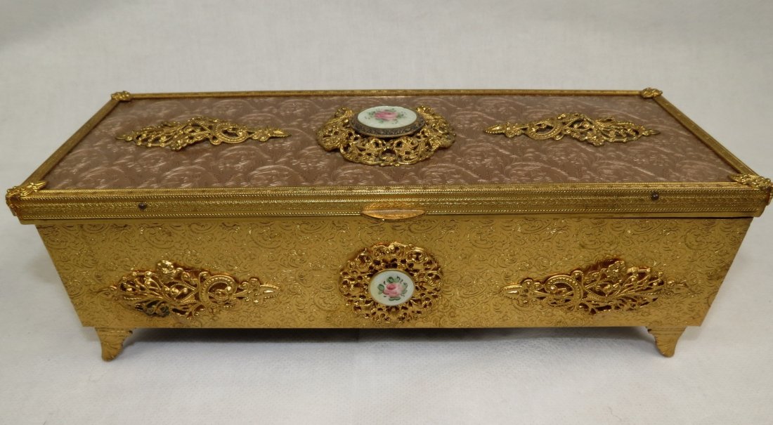 Brass and Enamel Jewelry Music Box, "Philicane": 3"H - 9.5"W - 3.5"D --- Est. shipping = $16 to USA