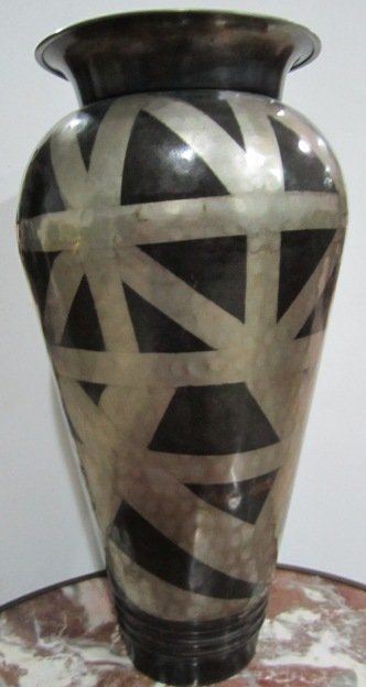 Art Deco Bronze Vase by Jean Dunand 1914 signed: Born as Jules-John Dunand ,1877- 1942, Switzerland . A rare Piece but without COA, Dunand was one of the most important metalsmiths of the Art Deco Movement, please see image of base for slight bent b