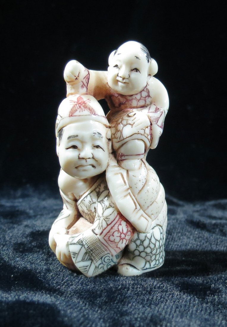 Old Ivory Netsuke Boy on Turtle Man H-2": Est. shipping to USA only= $ 12