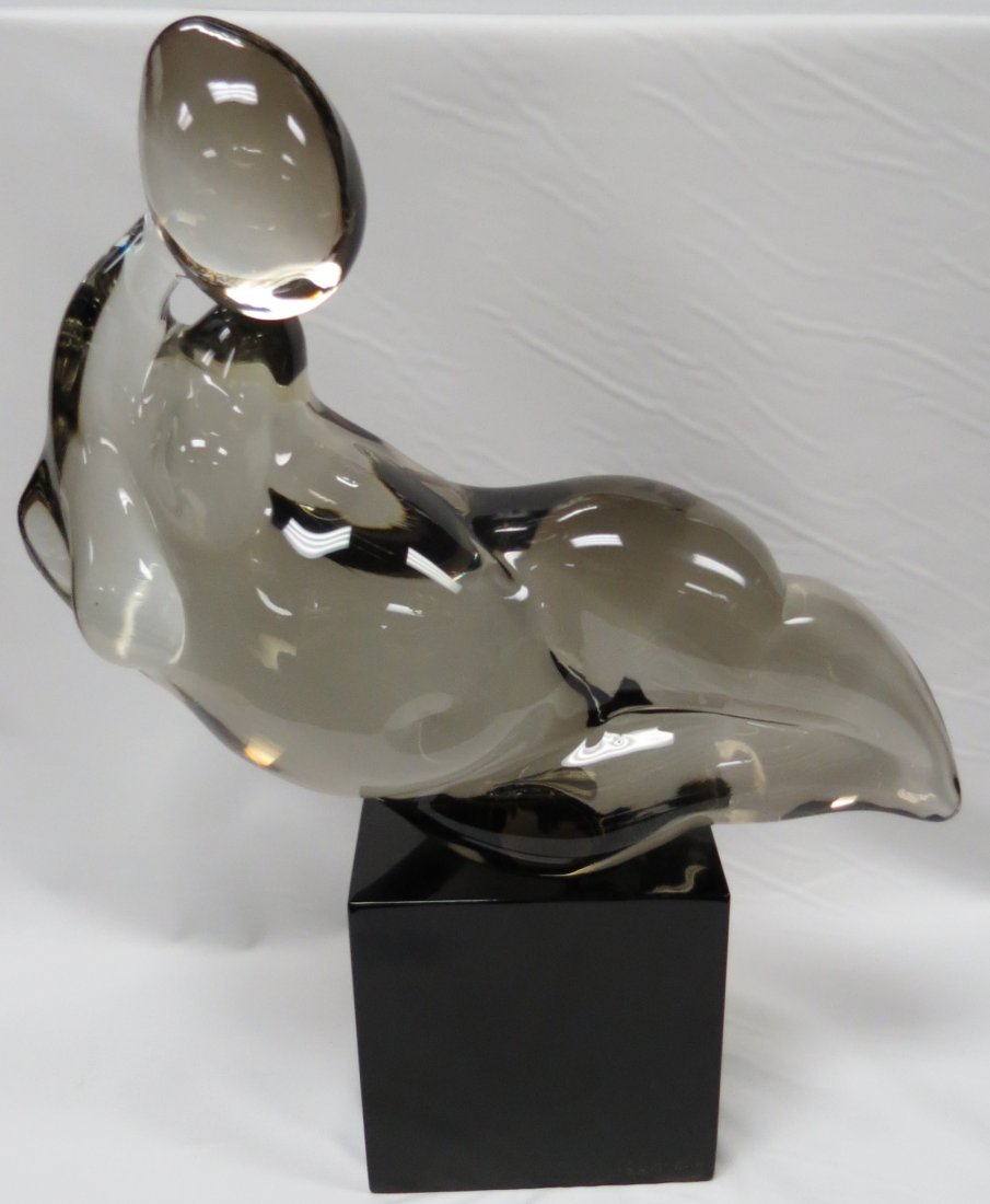 Licio Zanetti Murano Art Deco Glass , black base: Signed by the artist. H-19" x 16" x 5". A heavy piece in clear glass on top of a black glass base Est. shipping to USA = $ 180