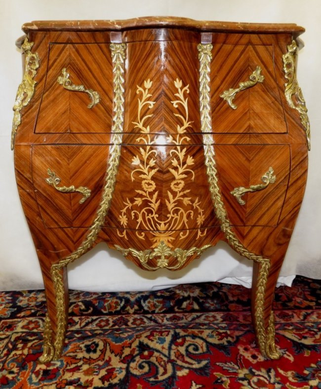 French Style Commode ,Marqueterie, marble top: Marble top, H- 31" W-33" D-14" Est Shipping $ 280 to USA