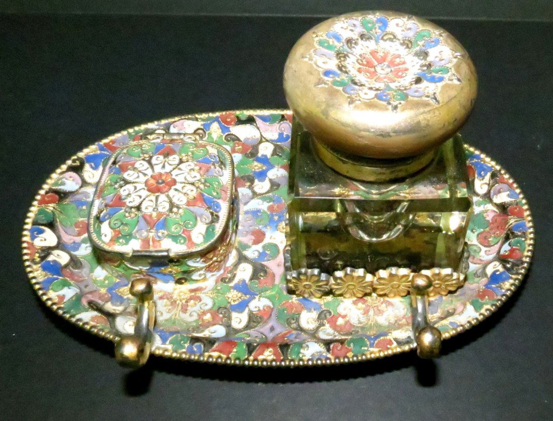 Champleve inkwell w/ Stamp Box H: 2.8" W: 6": Est Shipping to USA $ 14