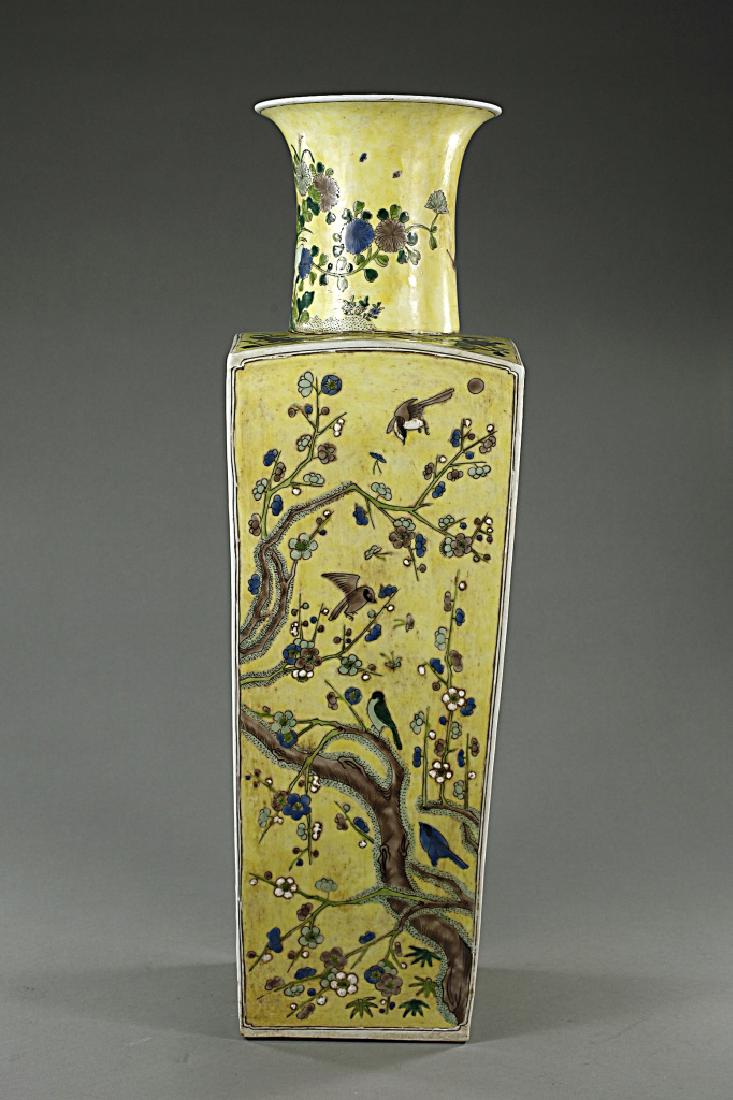 Chinese Famille Jaune Square Vase: China, Famille Jaune Square vase, decorated with multicolored bird and flower motifs on the sides. Height 21 1/2 in.