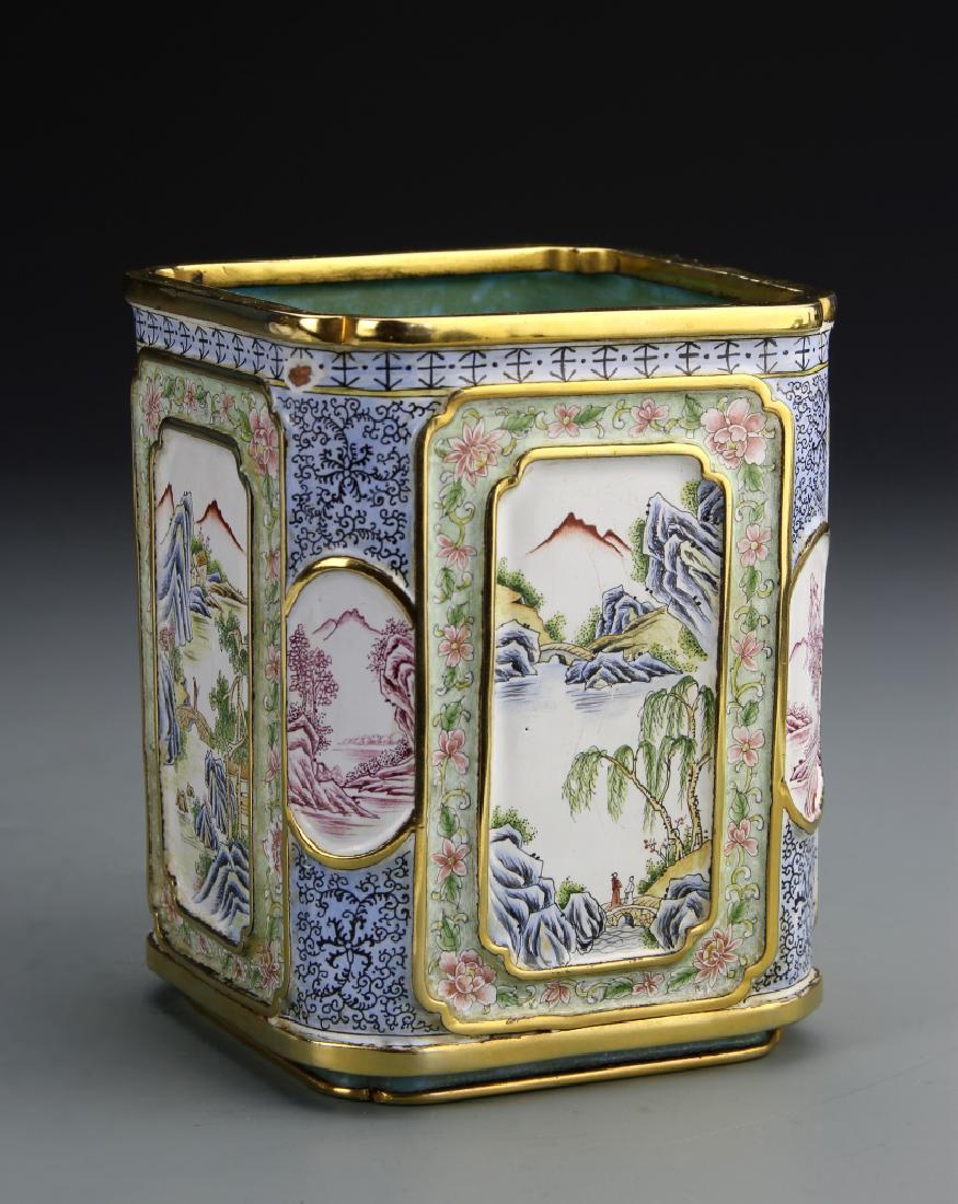 Chinese Enameled Copper Square Brush Pot (1 of 3)
