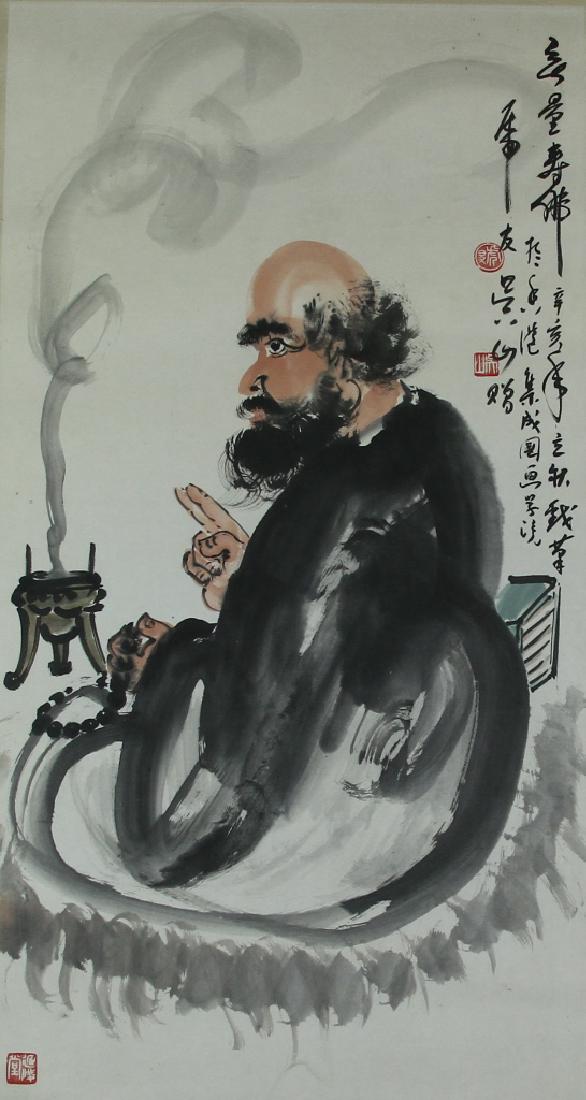 Chinese Painting of a Monk: China, colored ink on paper, painting depicting a wise monk, with bald head and thick black beard, seated in front of a smoking urn and using prayer beads with calligraphy signature of Wu Shan. Length