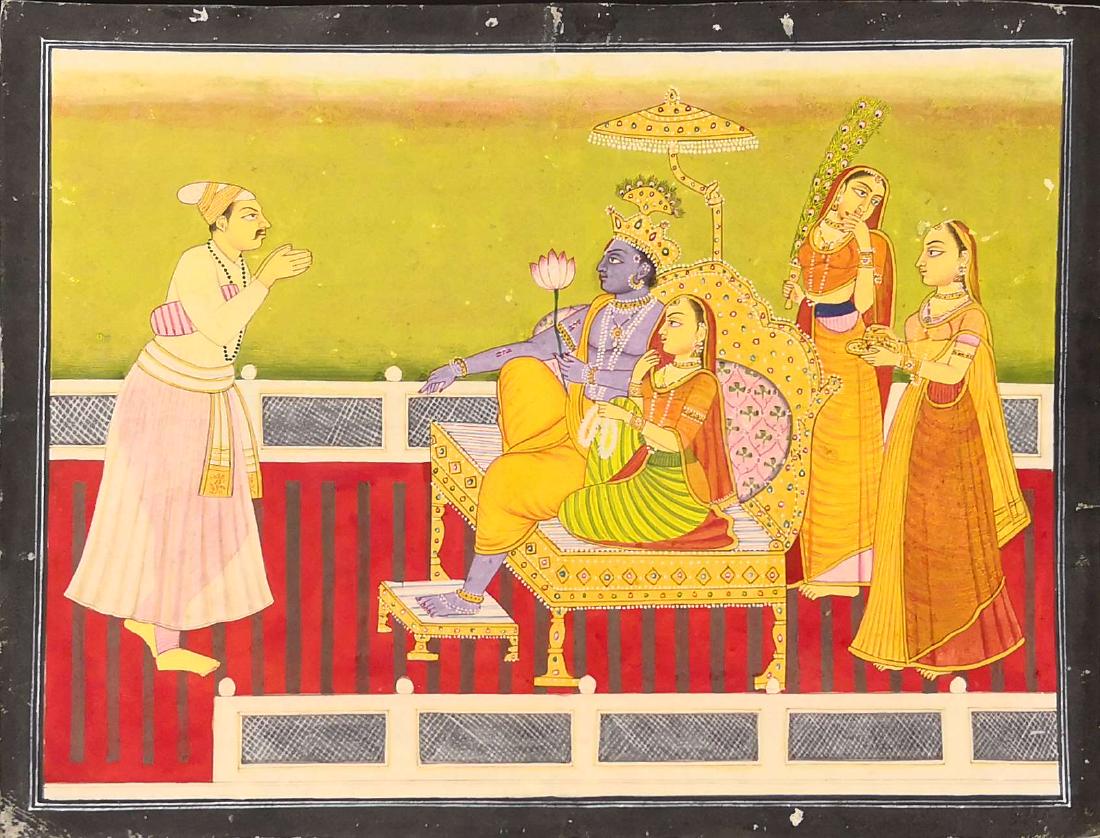 Indian Miniature Painting: India, Pahari miniature painting of Krishna and Radha siting on a throne with attendants and devotee around them. Pahari in Indian language means hills and these paintings were made in small towns dee
