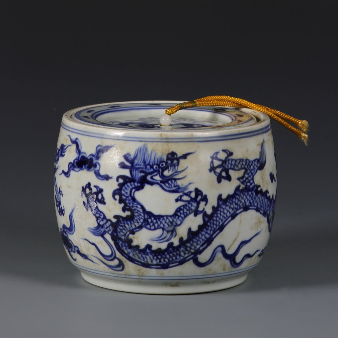 Chinese Blue and White Cricket Jar: China, Republic of China period, painted with two dragons, the cover decorated with a single dragon, with six-character mark on base. Height 4 1/4 in.; Width 5 3/4 in.