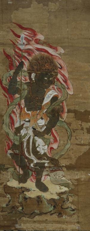 Japanese Painting of Buddhist: Painting of Buddhist, 19th c., Japan. Depiction of a Buddhist holding a spear against a background representation of fire. (w. 12 3/4 in.; l. 32 in.)