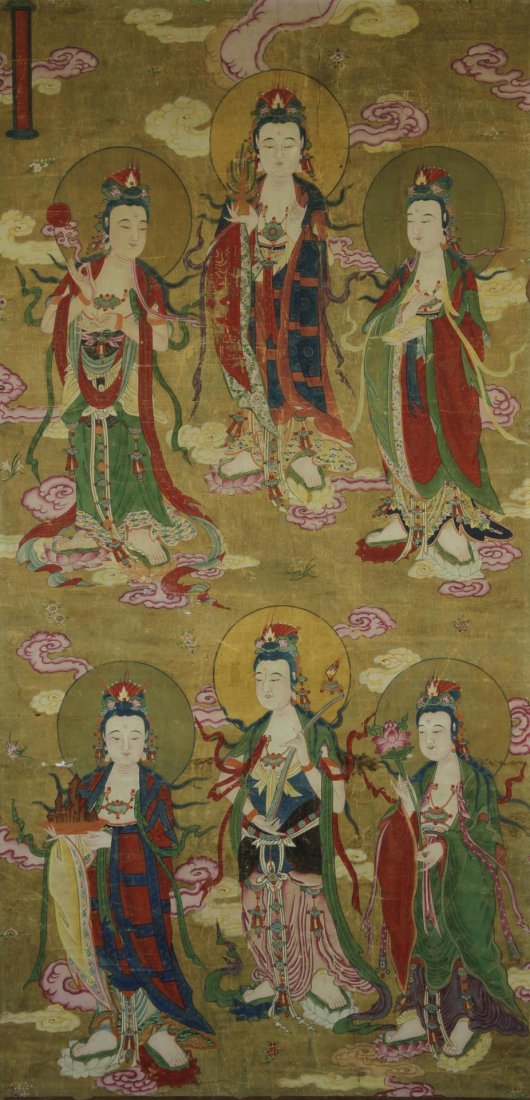 Chinese Buddhist Painting: China, Ming period, painting of Buddha, ink and color on silk, depicting six standing Buddha, wear and tear. Length 71 in., Width 35 in.