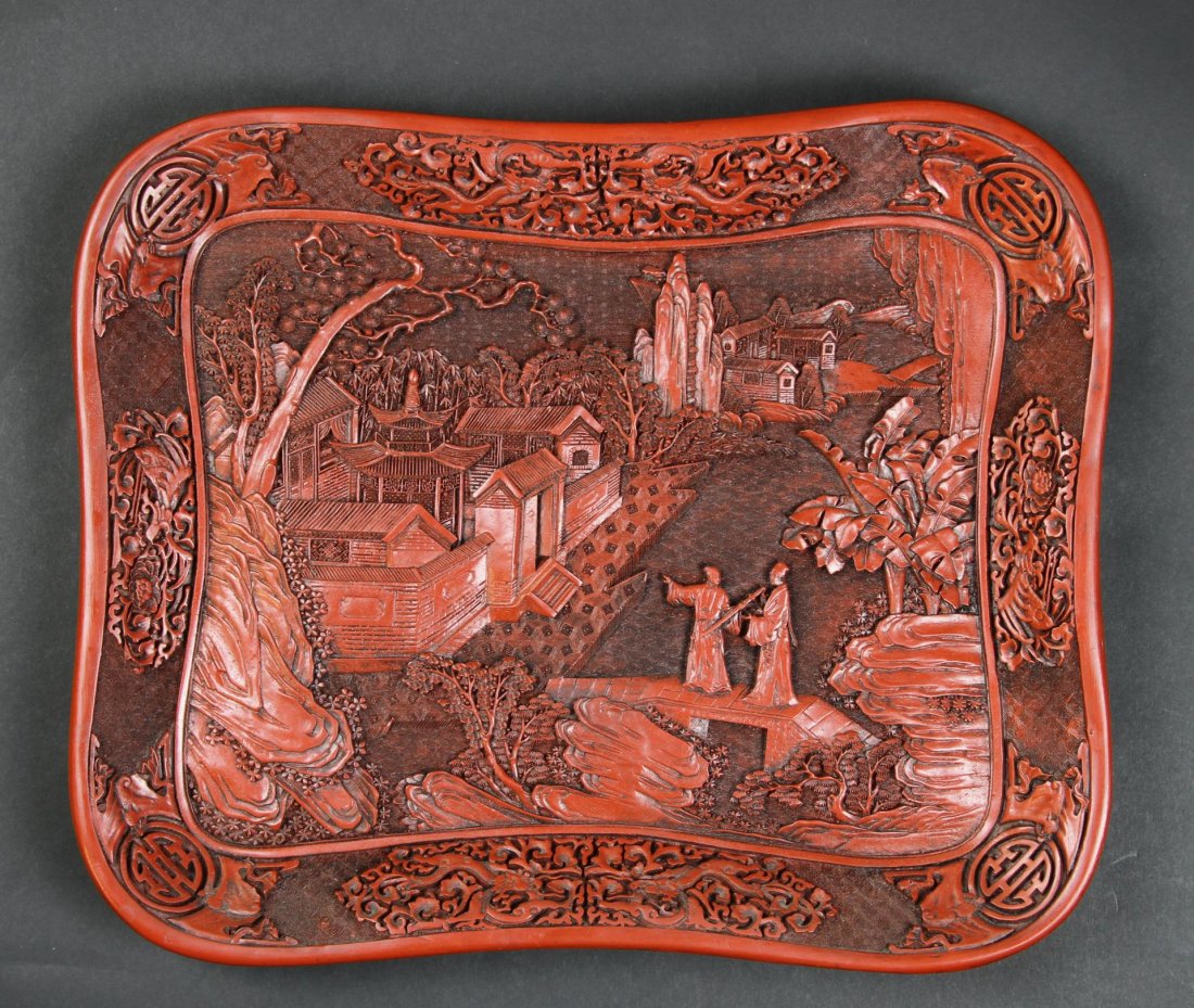 Chinese Cinnabar Square Plate: China, 20th C, carved square cinnabar plate with scholars in landscape, Width 14 1/4 in., Length 12 in.