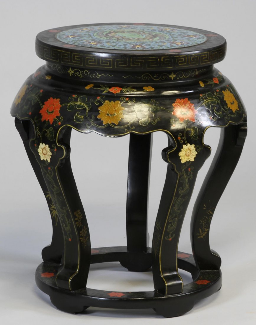 Chinese Wood Stool with Cloisonne Top: China, 19th C., lacquered wood stool with cloisonne top, Height 21 in., Diameter of top, 15 in.