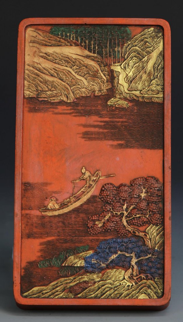Chinese Inkstone: China, inkstone depicting two figures in a boat surrounded by a landscape of tress and land, trees are painted in greens, reds, and blues, reverse depicts many characters. Height 6 1/4 in., Width 3 1/