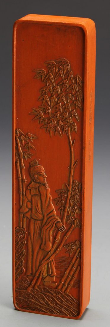 Chinese Cinnabar Ink Stick: China, dated 3rd year of Kwang-Hsu period, rectangular shaped, molded with a scholar amidst bamboo groves, with a poem on the reserve. Length 7 in. Provenance: from a Private San Francisco, California