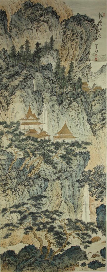 Chinese Scroll Painting Signed Pu Ru: China, 20th C., scroll painting of landscape, ink and color on paper, mounted on on silk scroll, calligraphy signature and red seal, signed Puru. Length 109 in., Width 37 in.