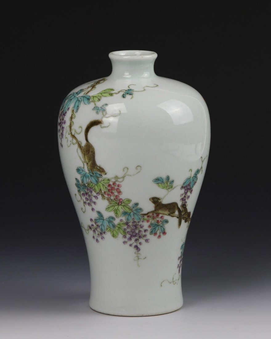 Chinese Famille Rose Meiping: China, 19th C., Daoguang period, Famille Rose Meiping Vase, decorated with squirrels crawling over a grape tree, Shendetang mark. Height 6 1/2 in., Width 4 in. Provenance: A private collection from a 