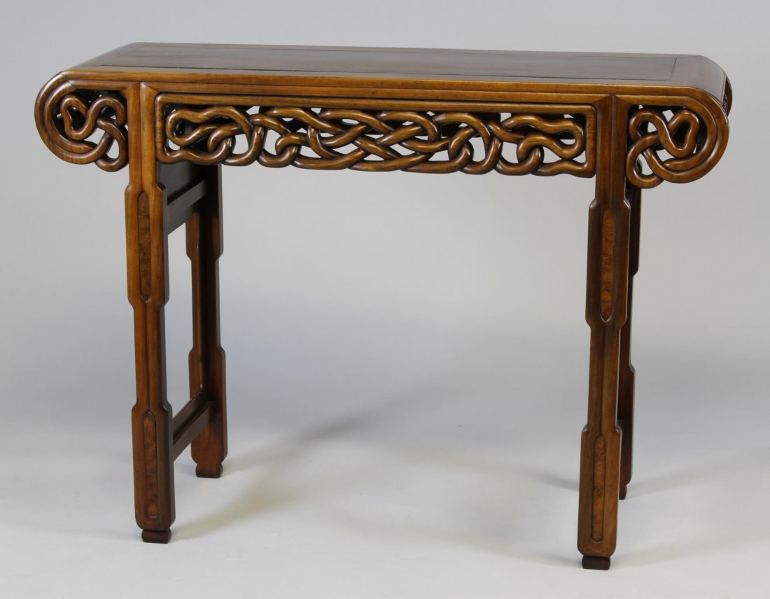 Chinese Huanghuali Altar Table: China, 19th C., very fine and rare Huanghuali altar table with elaborate carvings. Width 49 1/4 in., Height 33 in., Depth 16 in.