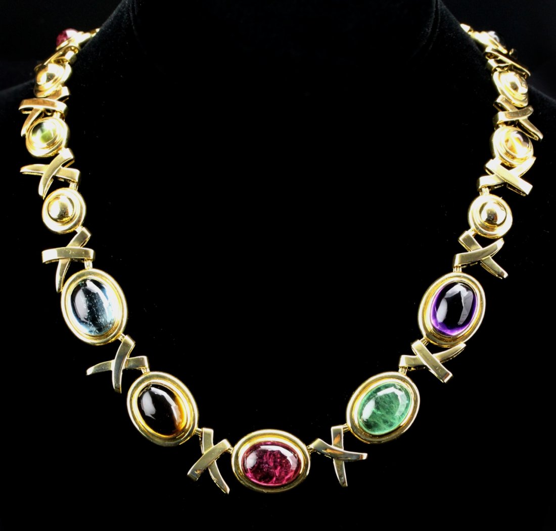 18K Gold Tiffany Paloma Picasso Necklace: 18K gold, very rare Tiffany jewelled necklace signed by Paloma Picasso, with amethyst, tourmaline, and citrine. Length 18 in.