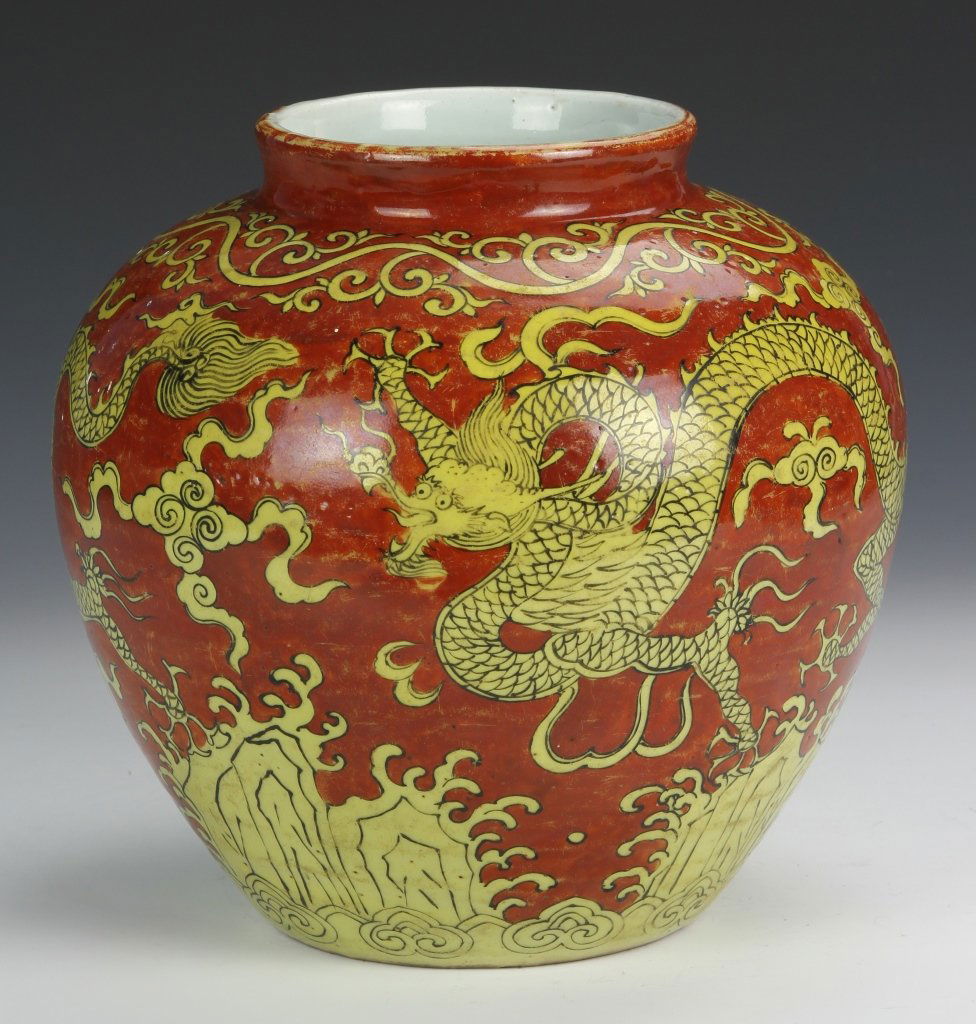 Chinese Ming Red Glazed Dragon Jar